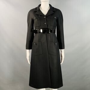CHANEL Vintage AW07 Size 4 Black Wool Patent Leather 3/4 Sleeves Belted Coat